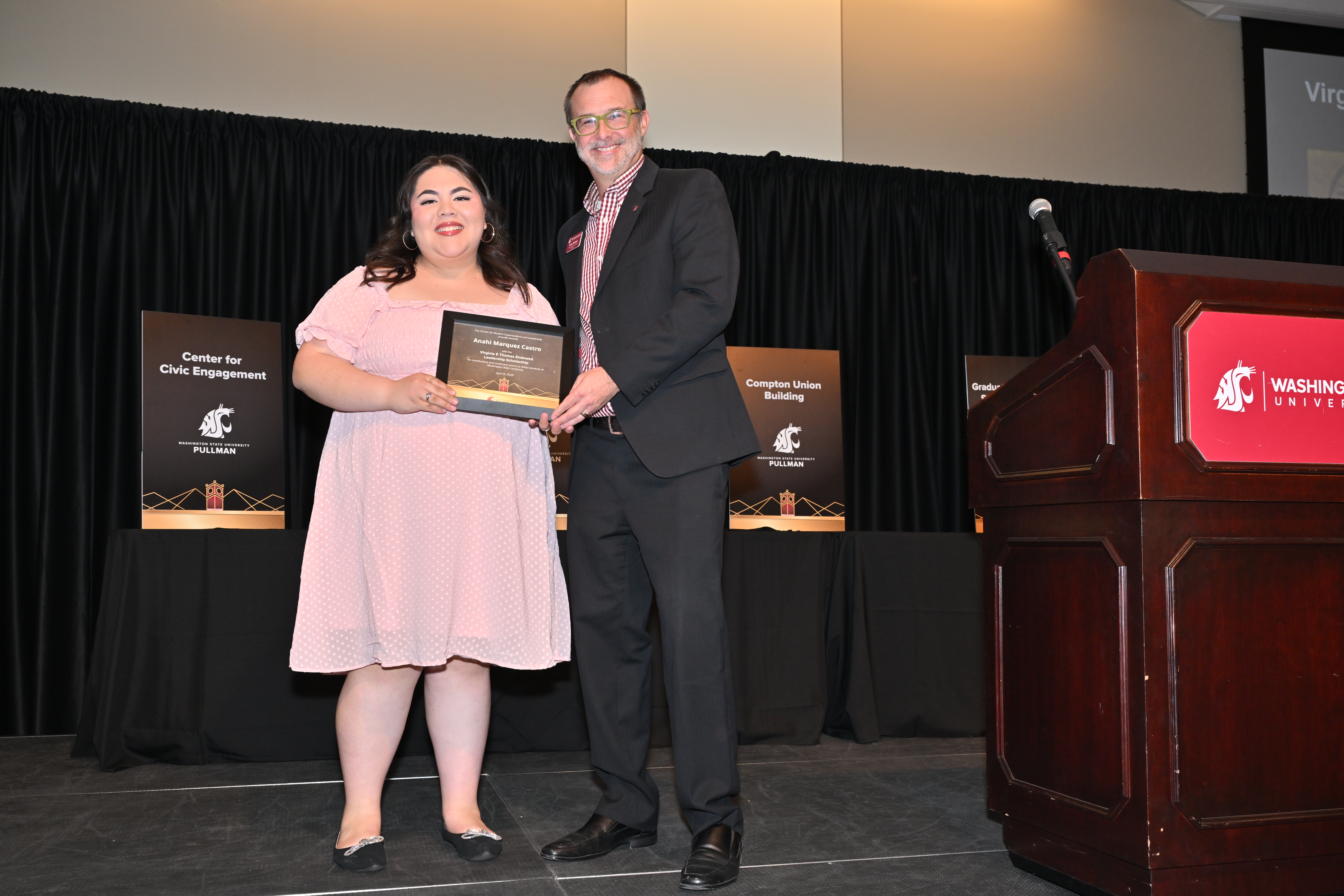 Anahi Marquez Castro, 2025 virginia e. thomas endowed scholarship recipient. Brian Shuffield, student engagement services director.